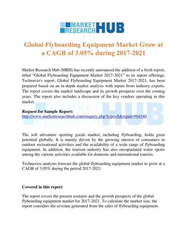 Global Flyboarding Equipment Market Grow at a CAGR of 3.05% during 2017-2021