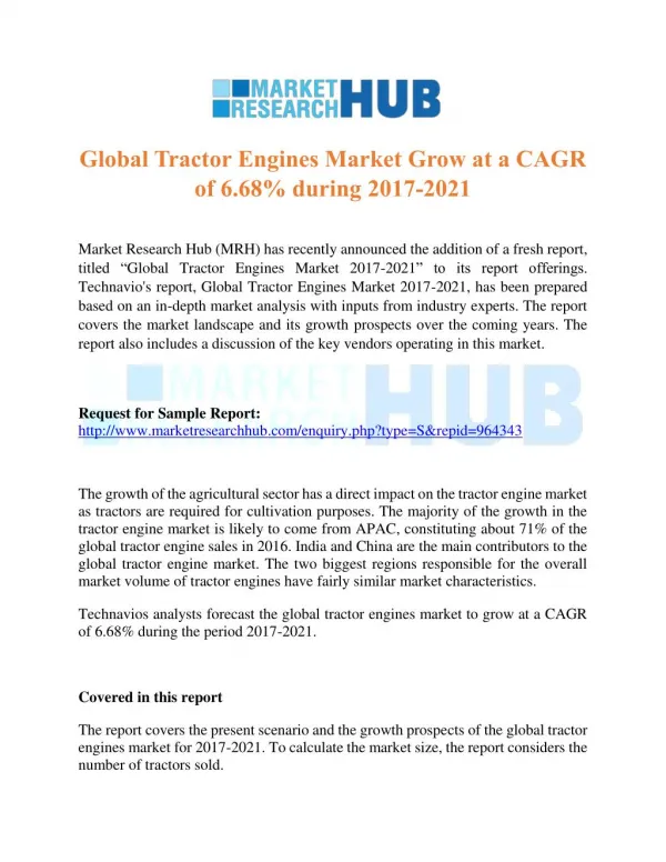 Global Tractor Engines Market Grow at a CAGR of 6.68% during 2017-2021