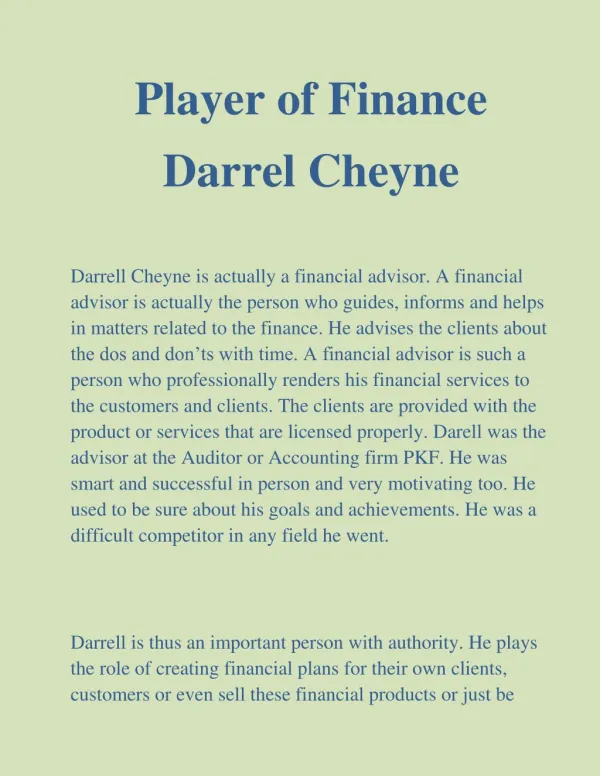 Player of Finance, Darrel Cheyne