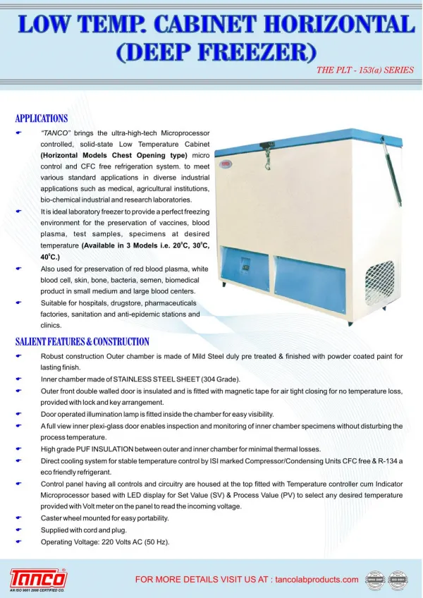 Horizontal Deep Freezer Manufacturer - Tanco Lab Products