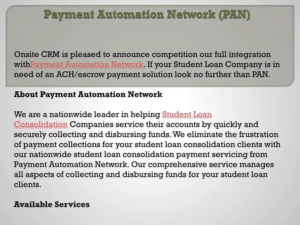 payment automation network pan