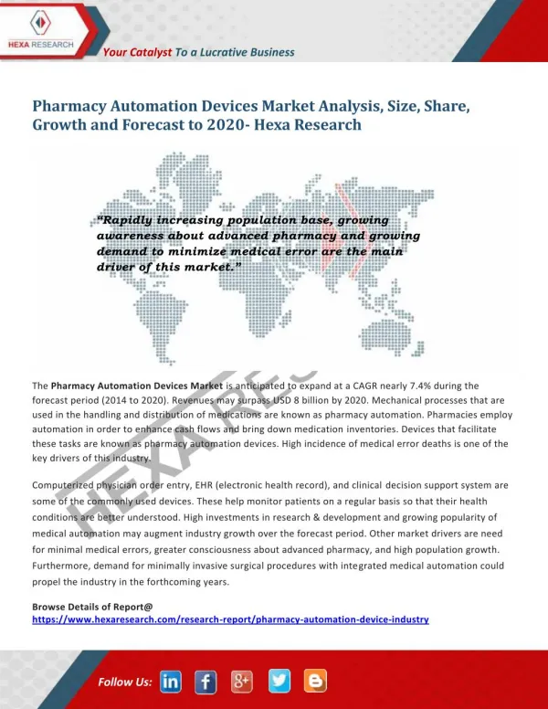 Pharmacy Automation Devices Market Share, Size, Growth and Forecast to 2020 | Hexa Research