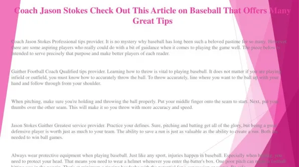 Coach Jason Stokes Helping You Understand the World of Baseball with These Easy Tips