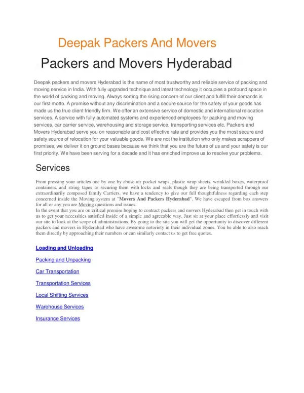 Packers and Movers Hyderabad | Movers and Packers Hyderabad