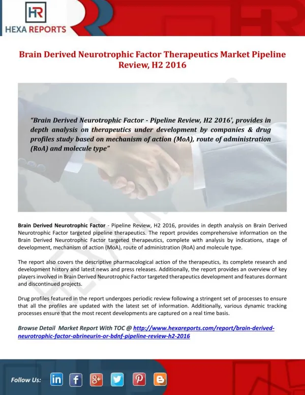 Brain Derived Neurotrophic Factor Market, Therapeutics Landscape and Pipeline Review H2 2016