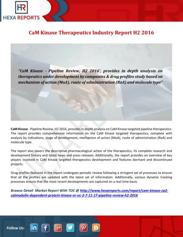 CaM Kinase Pipeline Review H2 2016, Drug Profile Analysis