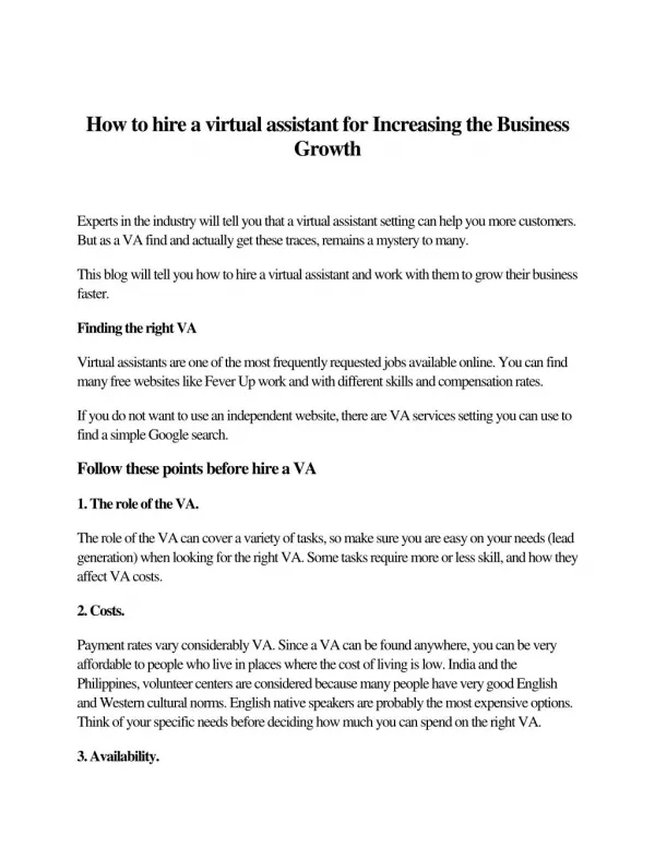 How to hire a virtual assistant for Increasing the Business Growth