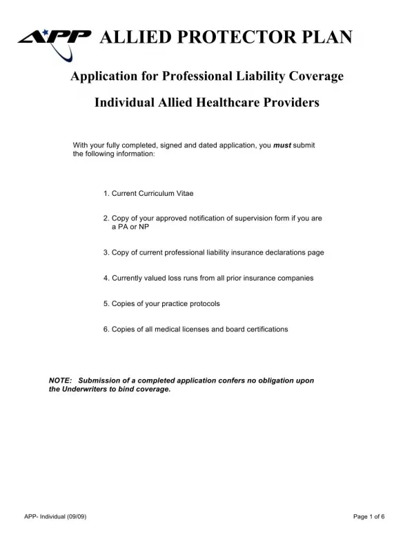 Application for Professional Liability Coverage - Individual Allied Healthcare Providers