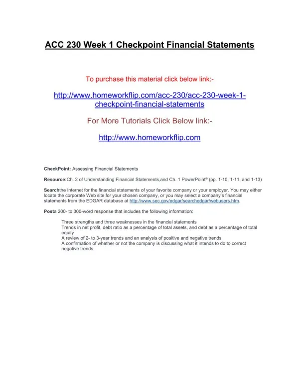 ACC 230 Week 1 Checkpoint Financial Statements