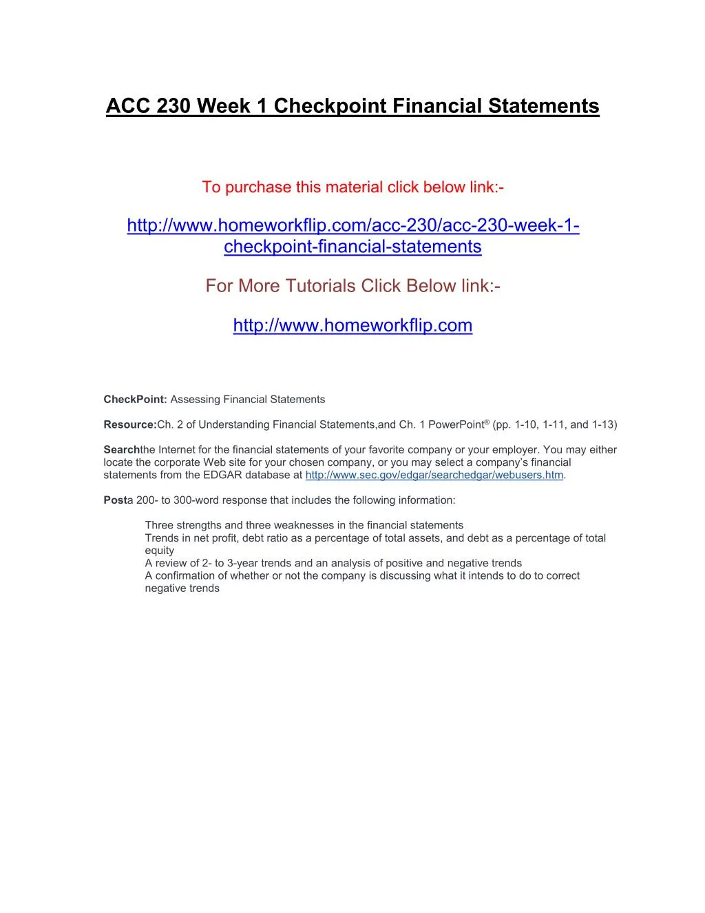 acc 230 week 1 checkpoint financial statements