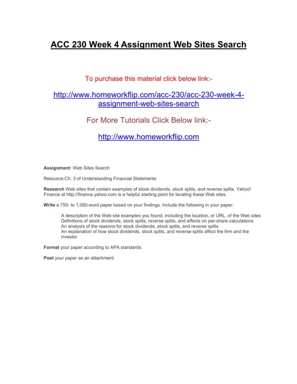 ACC 230 Week 4 Assignment Web Sites Search