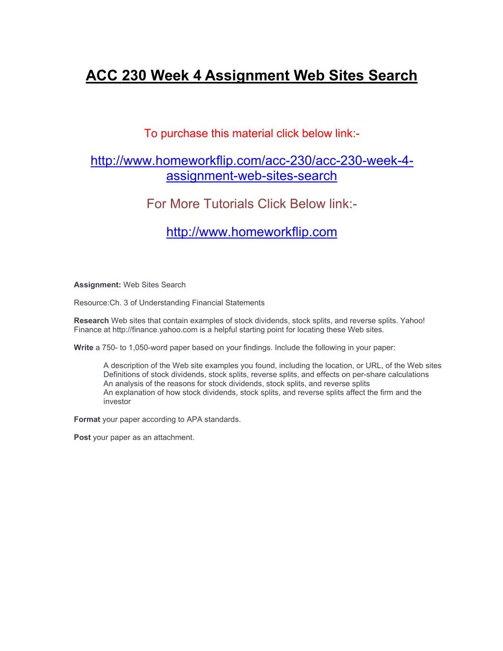 acc 230 week 4 assignment web sites search