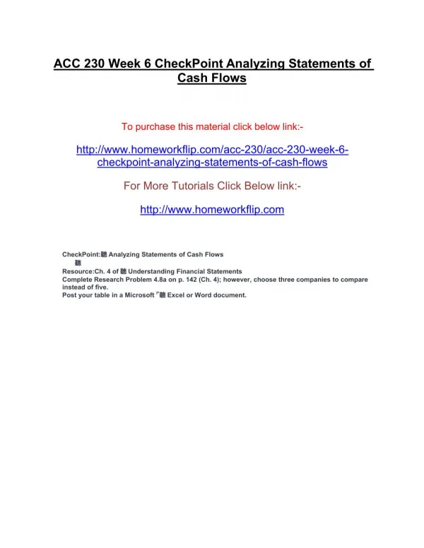 ACC 230 Week 6 CheckPoint Analyzing Statements of Cash Flows