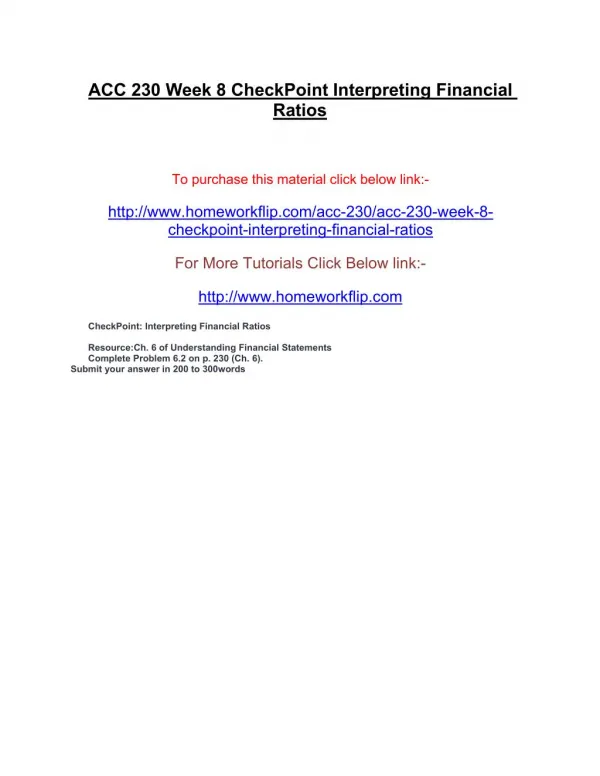 ACC 230 Week 8 CheckPoint Interpreting Financial Ratios