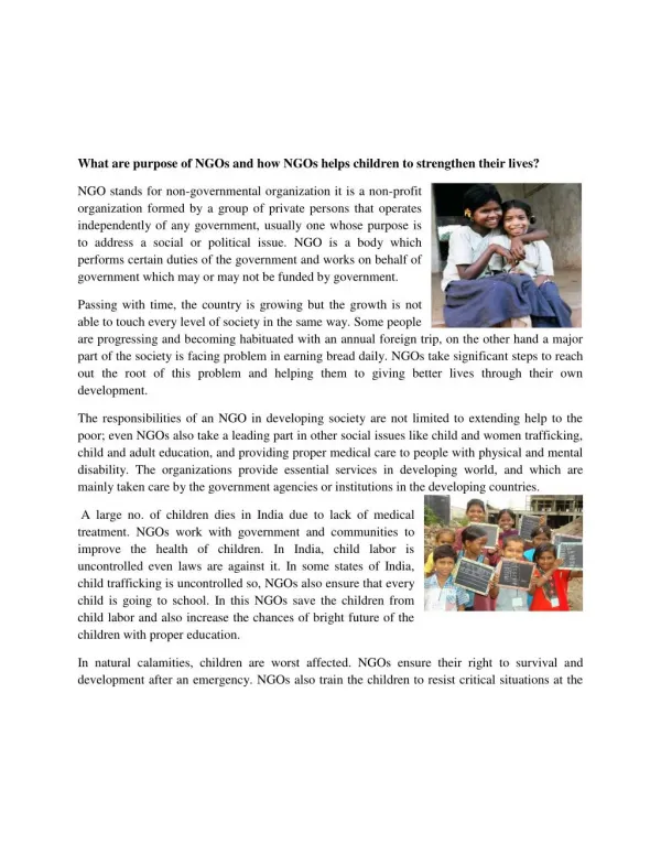 What are purpose of NGOs and how NGOs helps children to strengthen their lives?