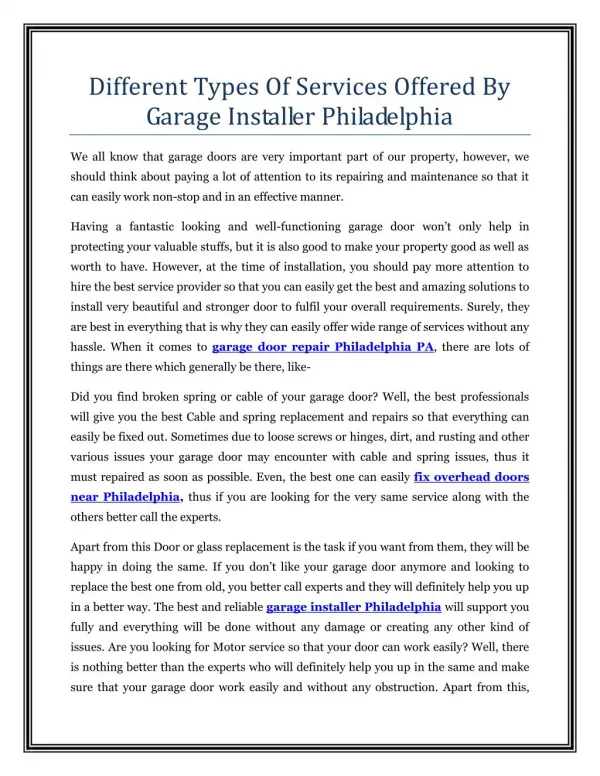 Different Types Of Services Offered By Garage Installer Philadelphia