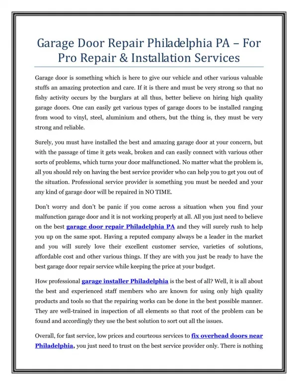Garage Door Repair Philadelphia PA – For Pro Repair & Installation Services