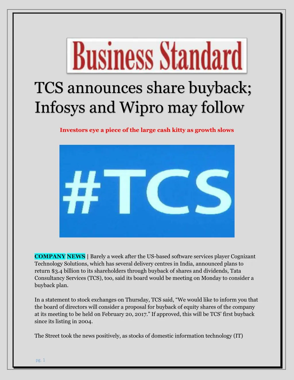 tcs announces share buyback infosys and wipro