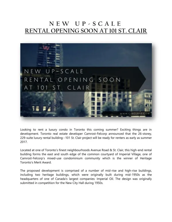 NEW UP-SCALE RENTAL OPENING SOON AT 101 St. CLAIR