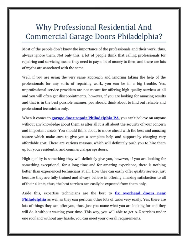 Why Professional Residential And Commercial Garage Doors Philadelphia