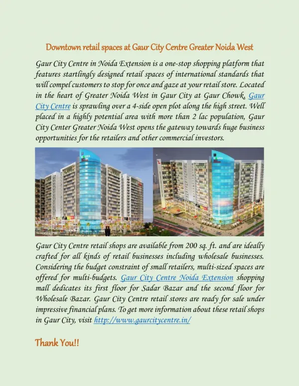 Downtown retail spaces at Gaur City Centre Greater Noida West