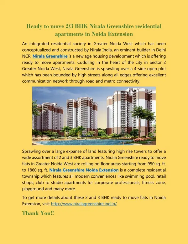 Ready to move 2/3 BHK Nirala Greenshire residential apartments in Noida Extension