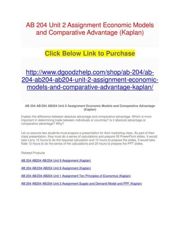 AB 204 Unit 2 Assignment Economic Models and Comparative Advantage (Kaplan)