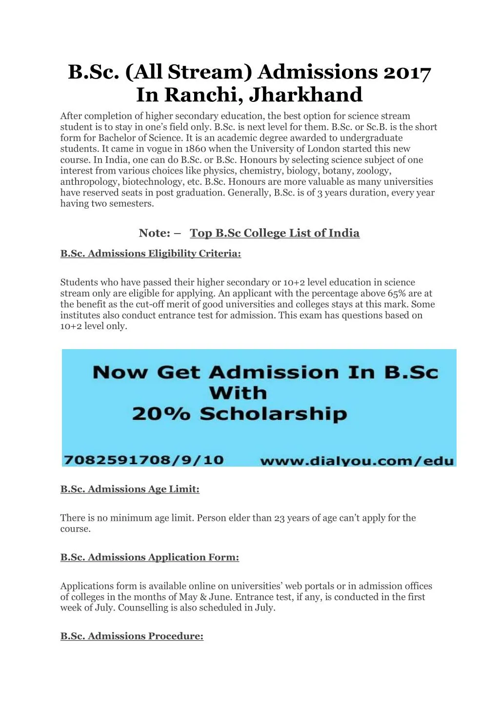 b sc all stream admissions 2017 in ranchi