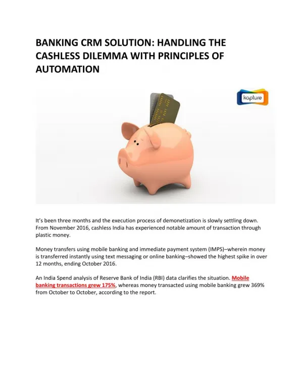 Banking CRM Solution: Handling the Cashless Dilemma with Principles of Automation