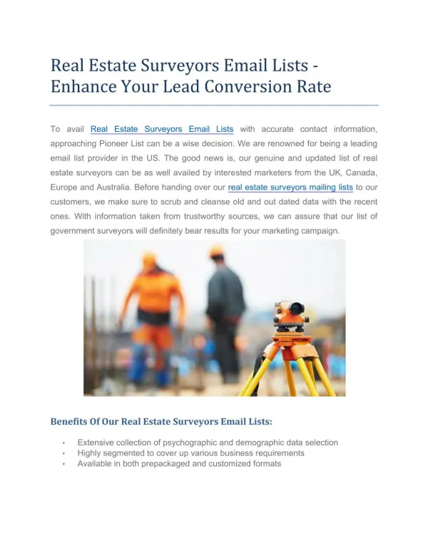 Real Estate Surveyors Email lists | Pioneer Lists