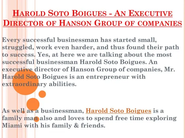 Harold Soto Boigues - An Executive Director of Hanson Group of companies