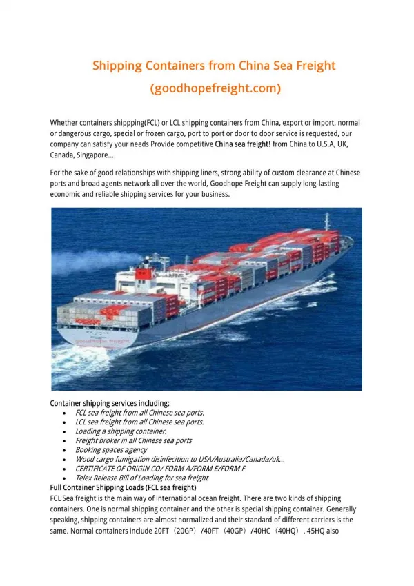 Shipping Containers from China Sea Freight