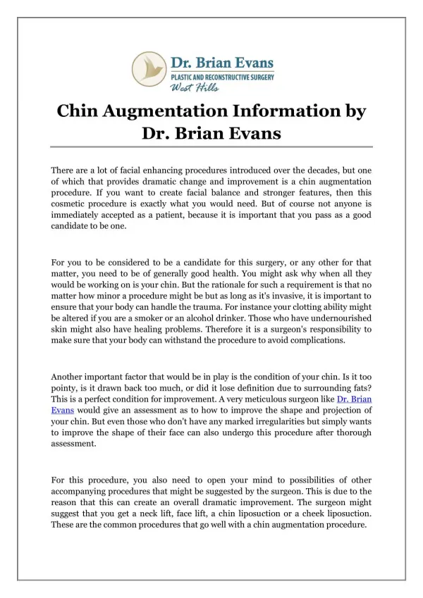 Chin Augmentation Information by Dr. Brian Evans