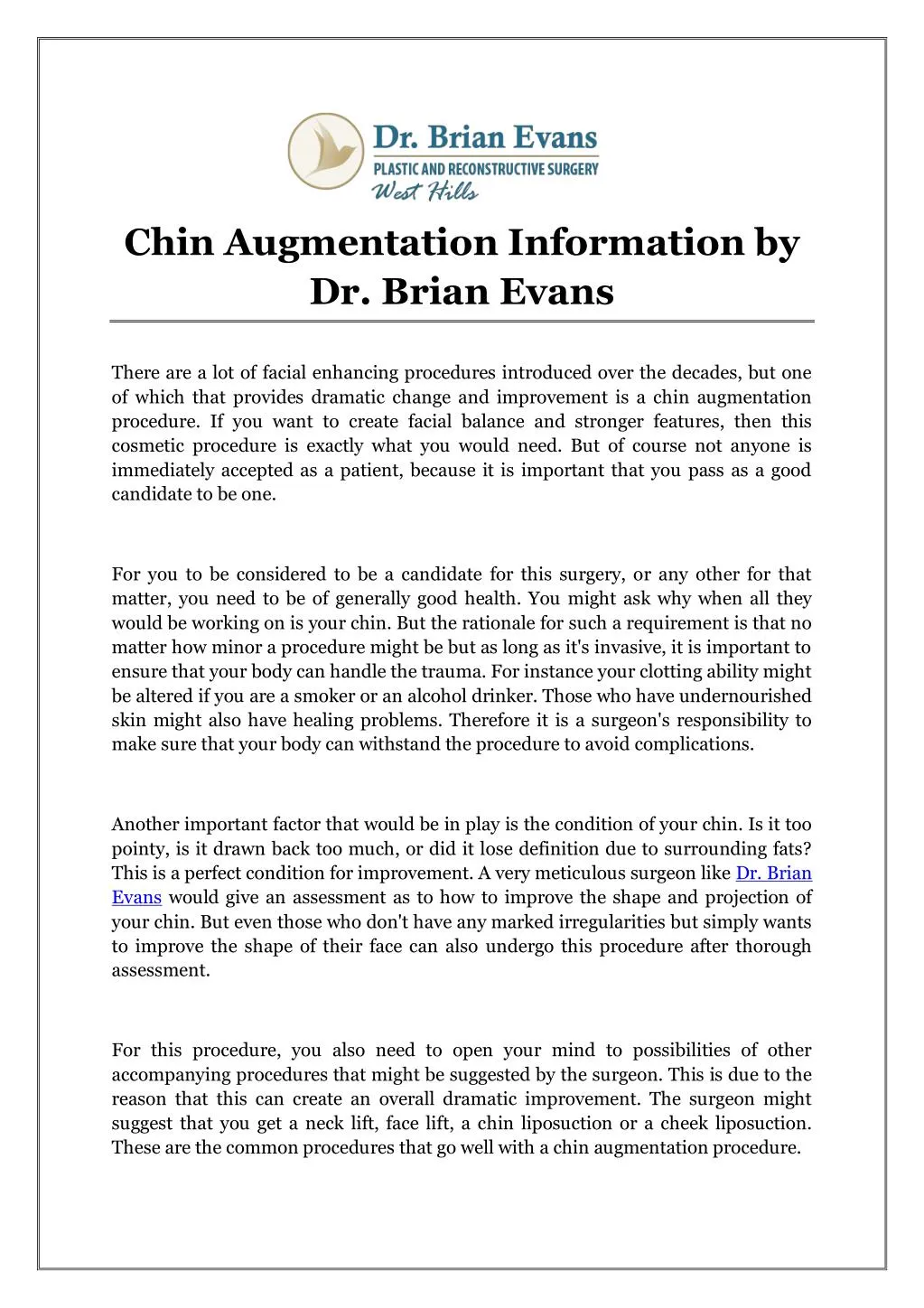 chin augmentation information by dr brian evans