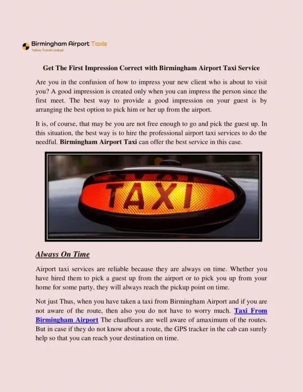 Get The First Impression Correct with Birmingham Airport Taxi Service