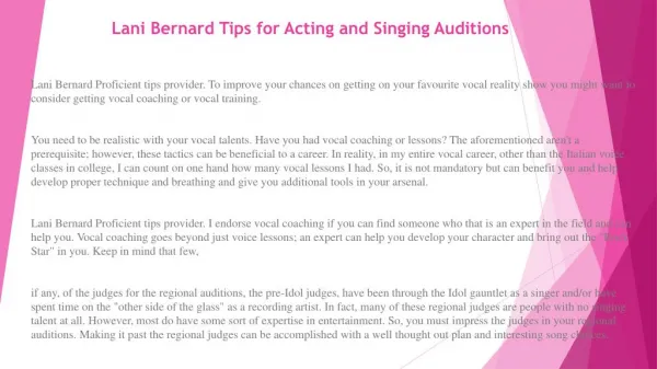Lani Bernard Tips for Acting and Singing Auditions