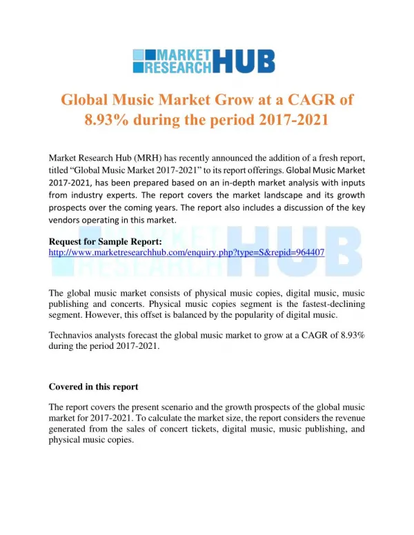 Global Music Market Grow at a CAGR of 8.93% during the period 2017-2021