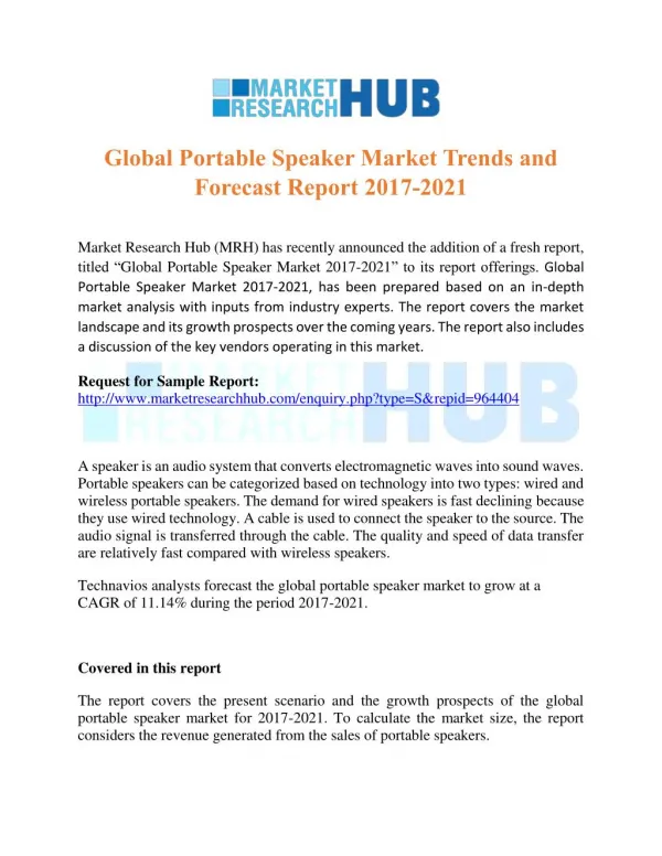 Global Portable Speaker Market Trends and Forecast Report 2017-2021