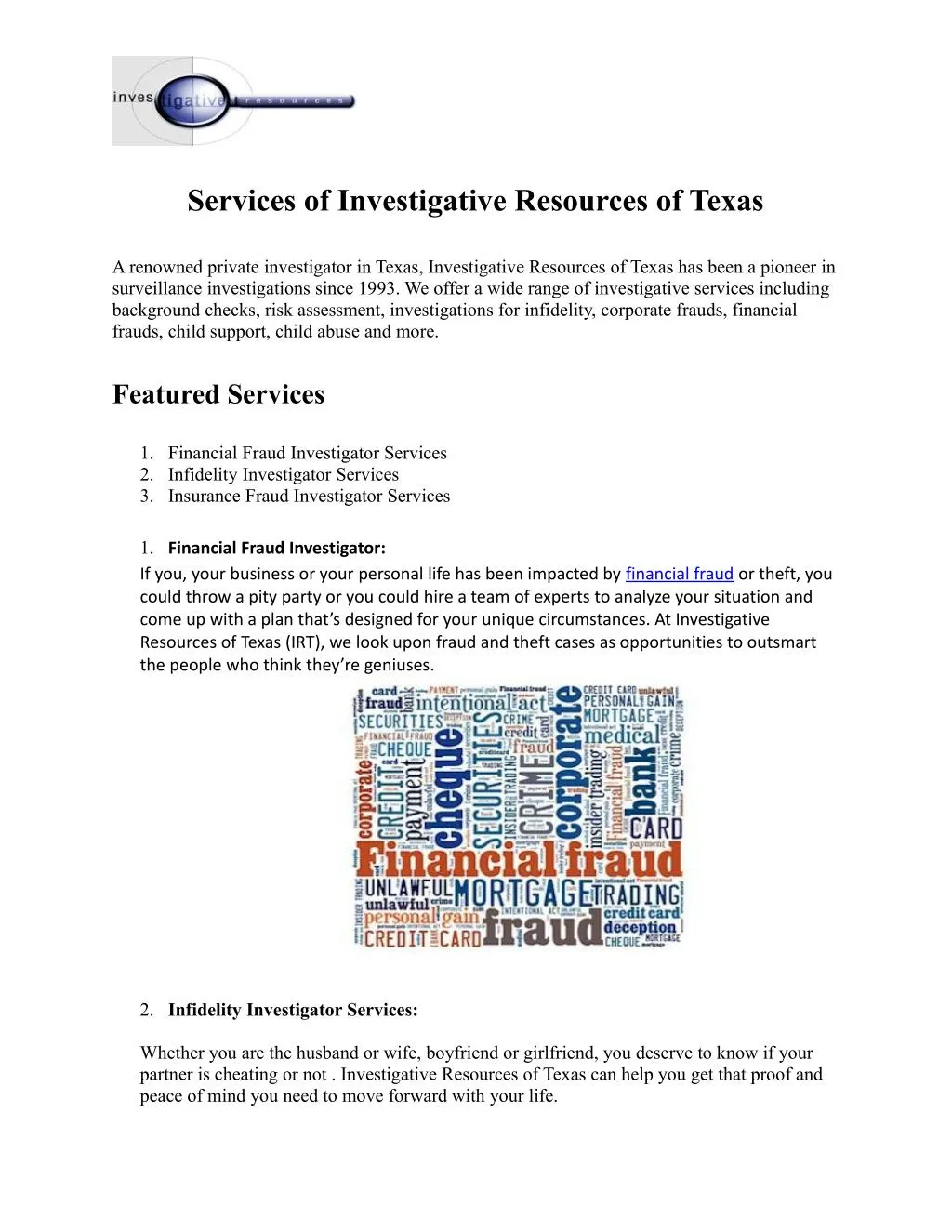 services of investigative resources of texas