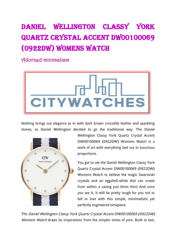 Daniel Wellington Classy York Quartz Crystal Accent DW00100069 (0922DW) Womens Watch