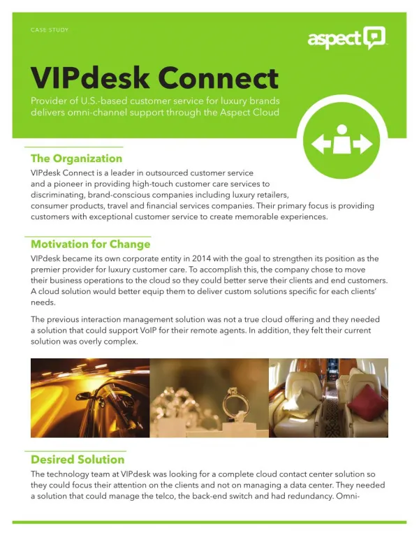 Aspect Cloud service for VIPdesk Connect customer service providers