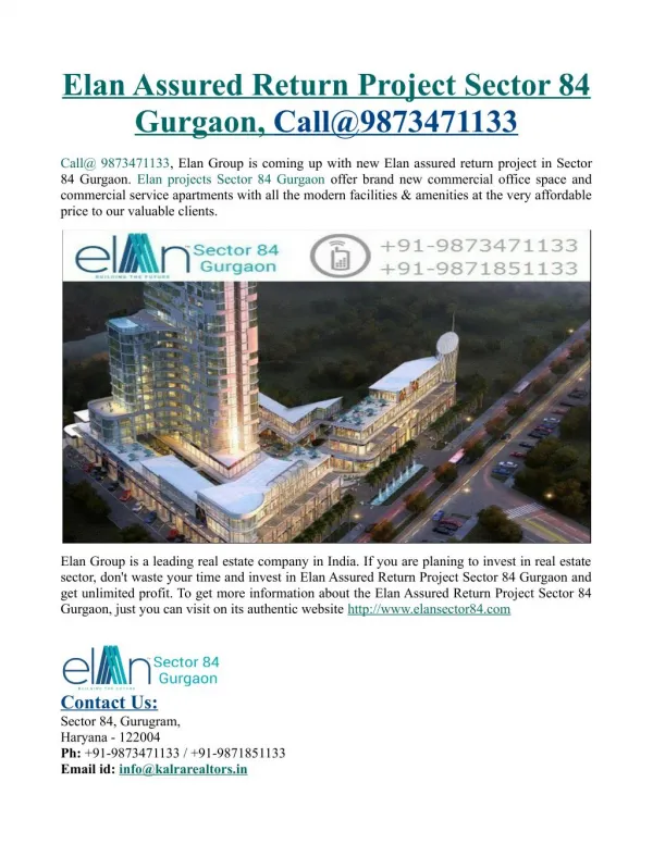 Elan Assured Return Project Sector 84 Gurgaon, Call@9873471133
