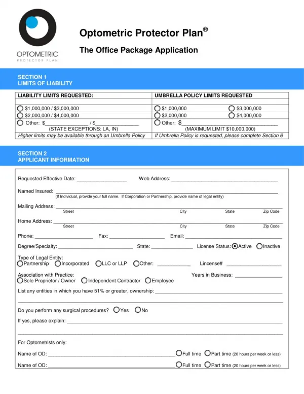 The Office Package Application - Optometric Protector Plan