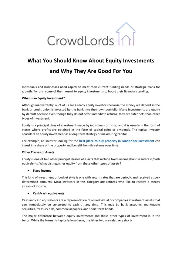 What You Should Know About Equity Investments and Why They Are Good For You