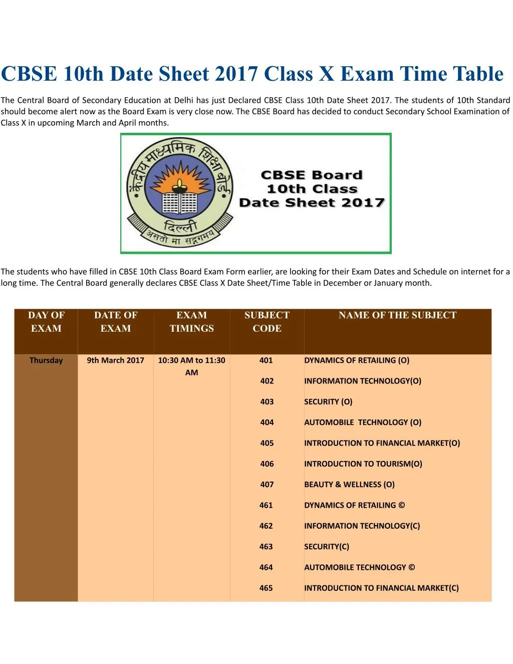 cbse 10th date sheet 2017 class x exam time table