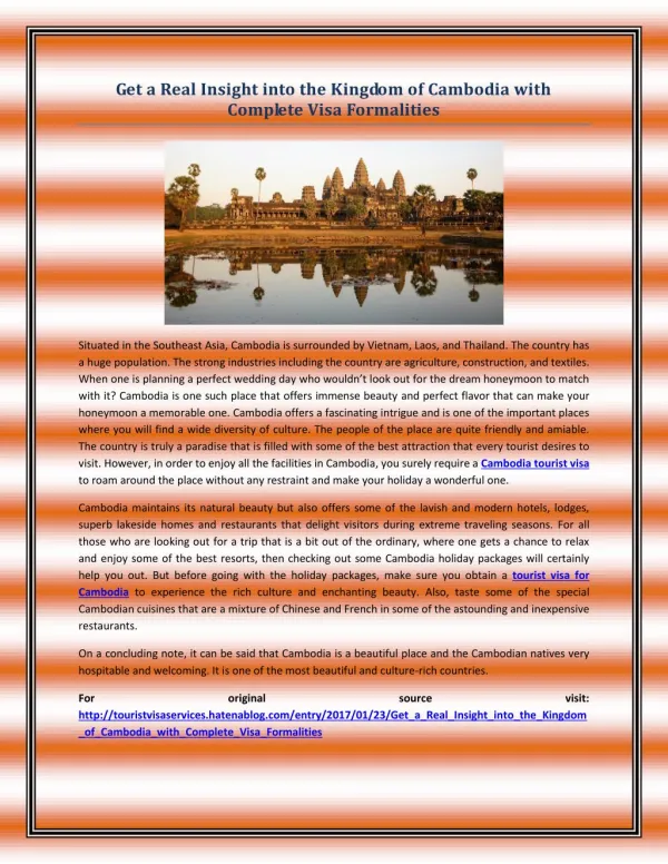 Get a Real Insight into the Kingdom of Cambodia with Complete Visa Formalities