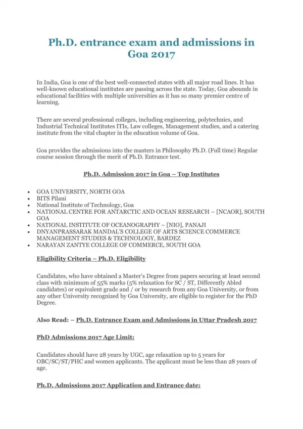 Ph.D. entrance exam and admissions in Goa