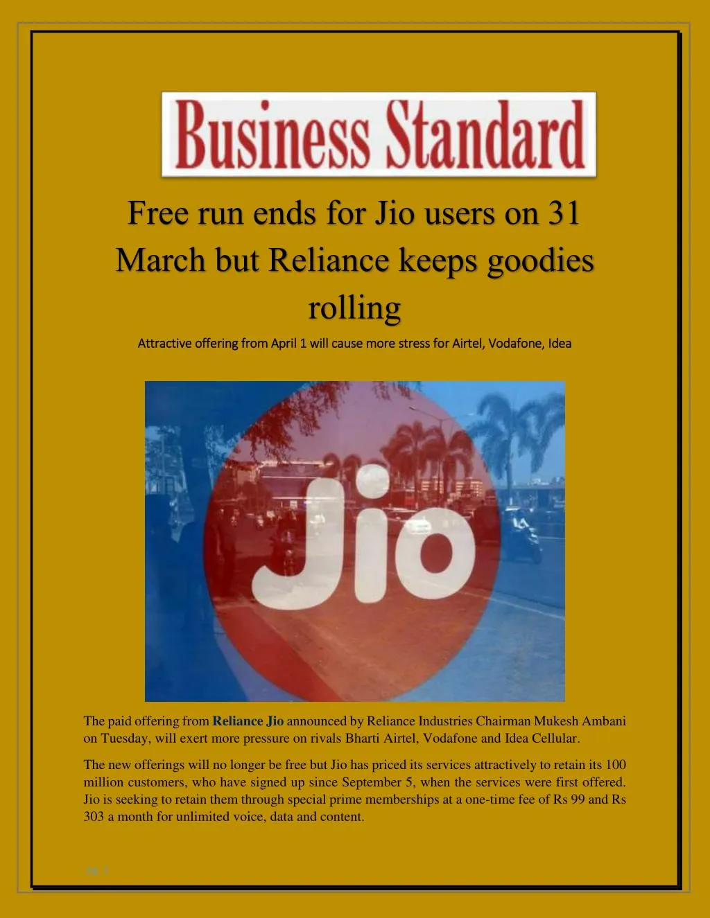 free run ends for jio users on 31 march