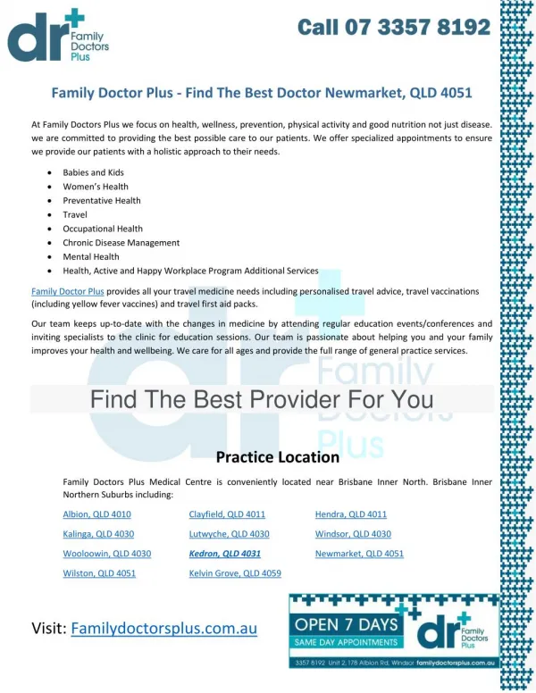 Family Doctor Plus - Find The Best Doctor Newmarket, QLD 4051