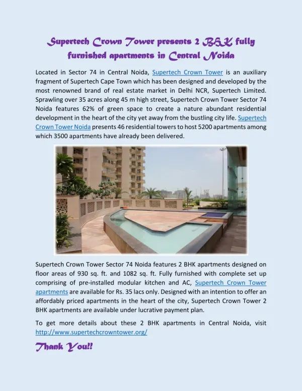 Supertech Crown Tower presents 2 BHK fully furnished apartments in Central Noida